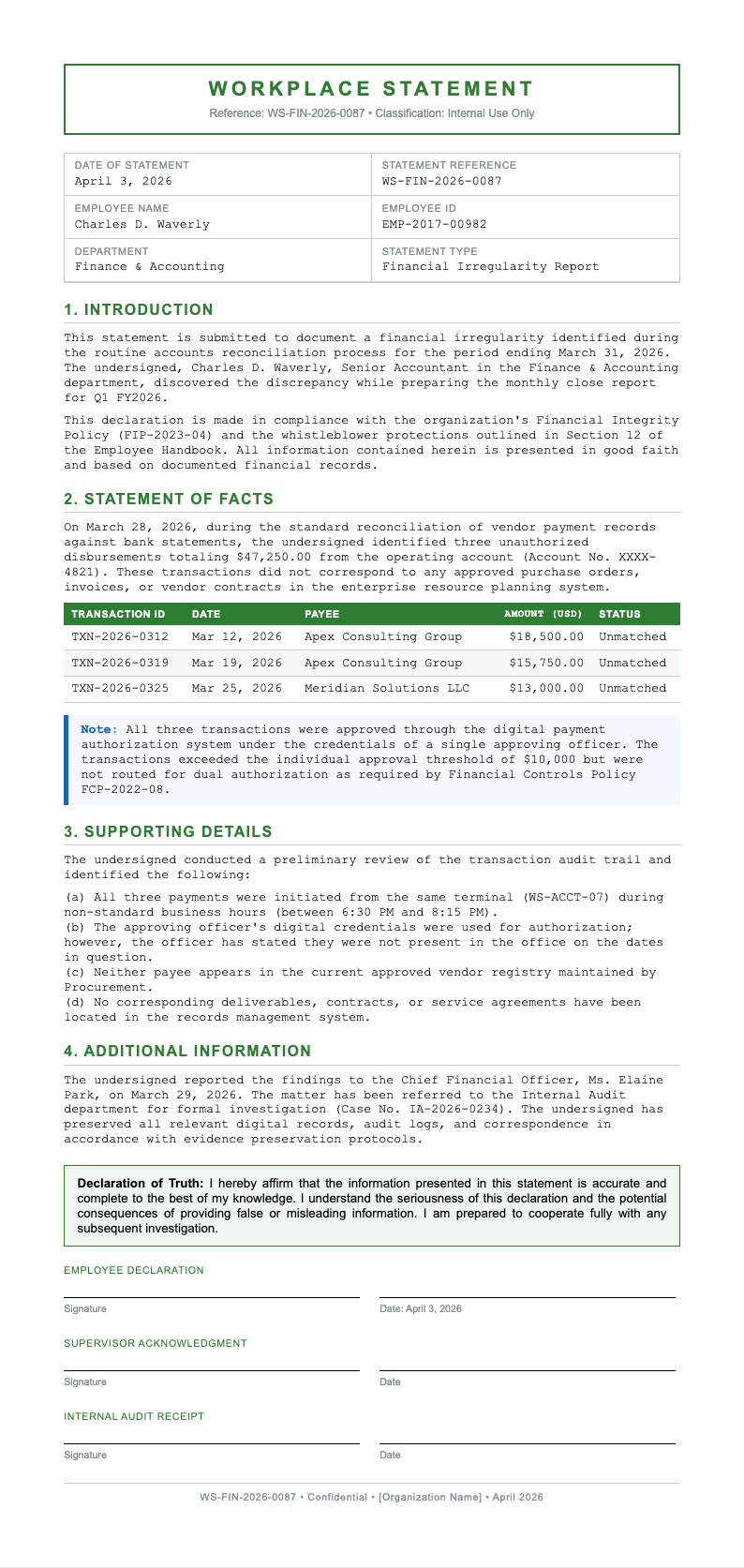 Financial statement workplace statement